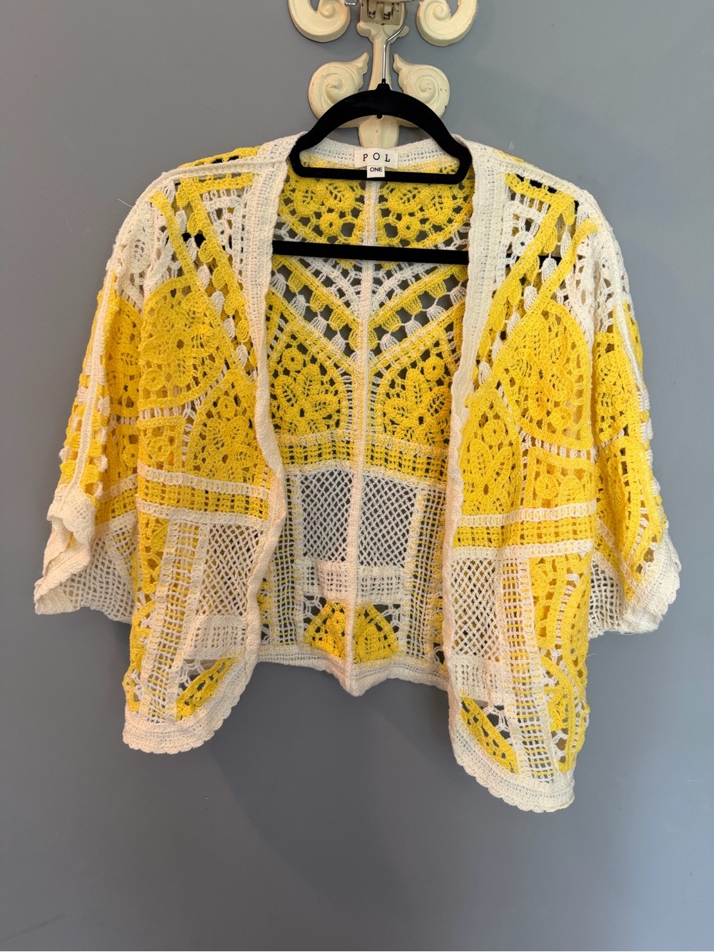 POL Yellow and White Crochet Openwork Cardigan